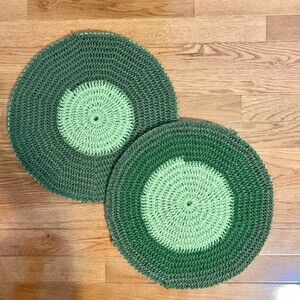 ITEM: SET OF 2 HANDMADE KNIT CROCHET TABLE MATS / TRIVETS  COLOR: Mint/Forest Gr